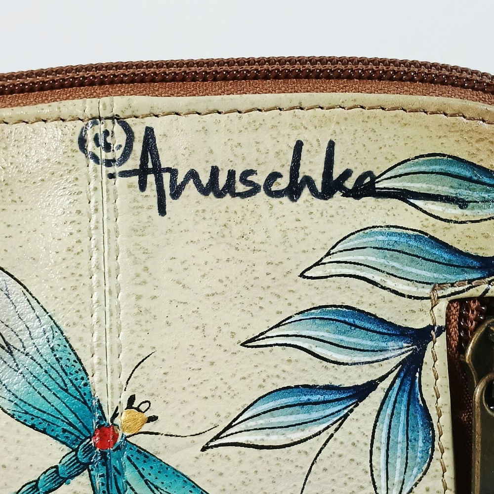 Anuschka Hand Painted Leather Floral Dragonfly Crossbody Bag Tan Small - Picture 6 of 15